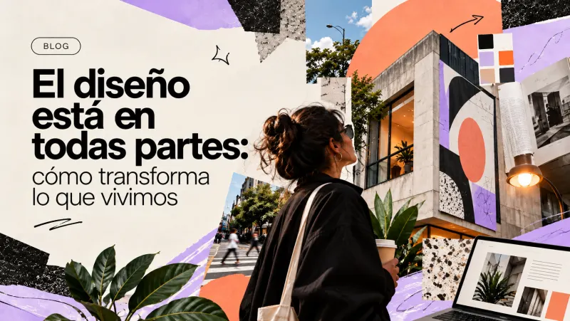Portada del artículo El diseño está en todas partes: una mujer observa un edificio con un mural geométrico en un collage editorial