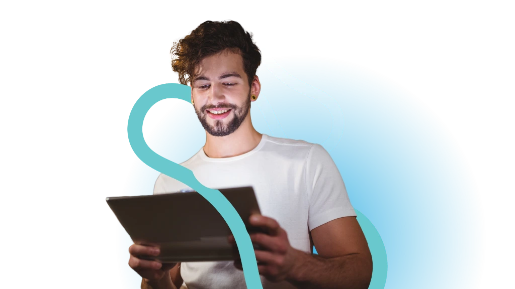 Fotografía con tratamiento gráfico: hombre con tableta y trazo azul