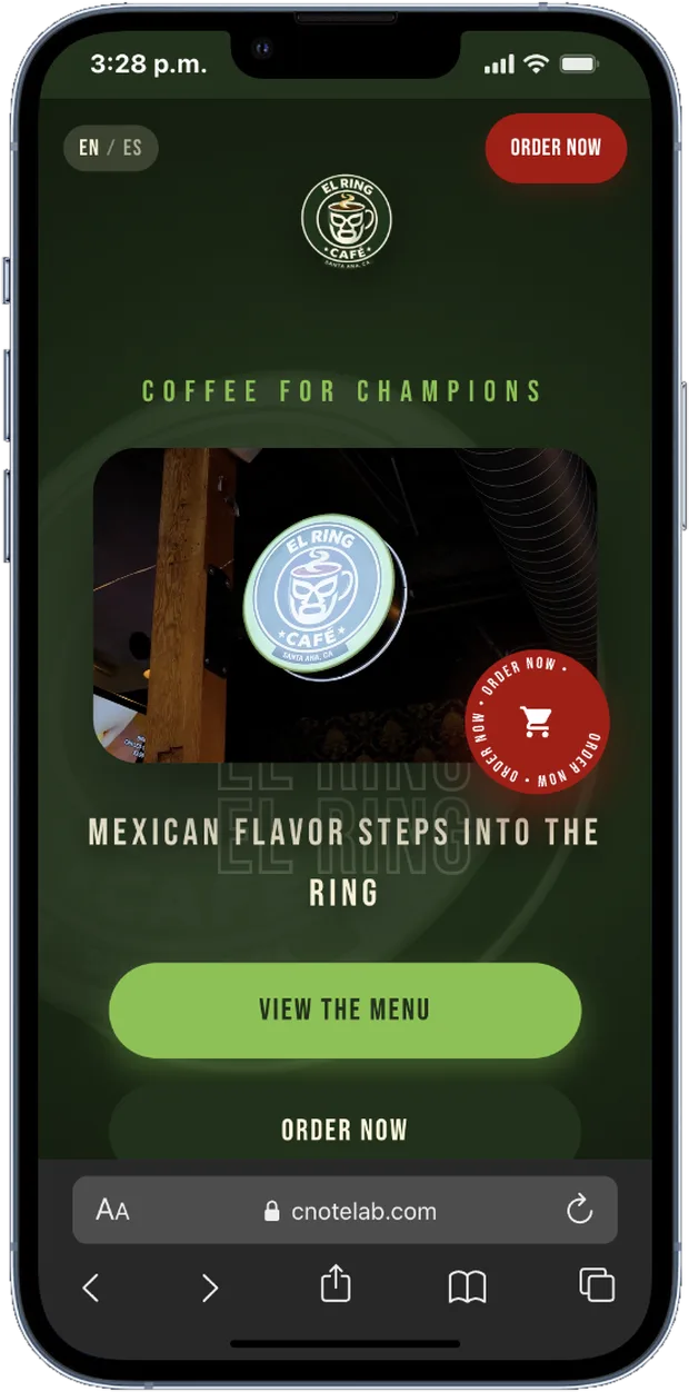 Sitio de El Ring Café visto en un teléfono