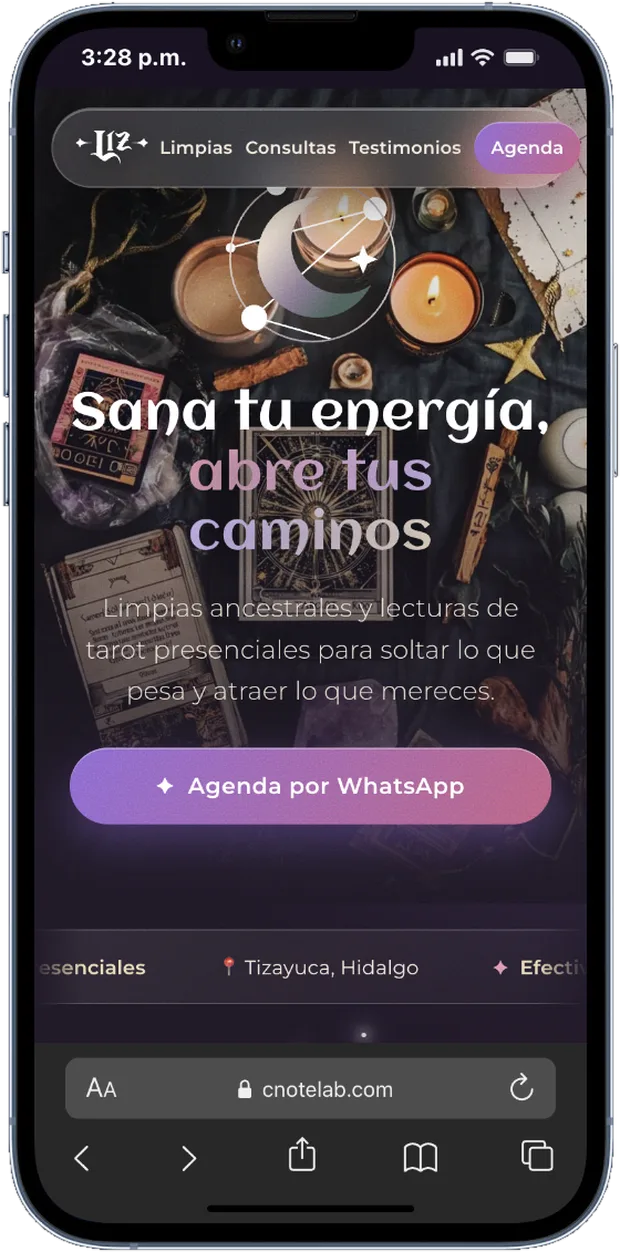 Sitio de Liz Tarot y Limpias visto en un teléfono