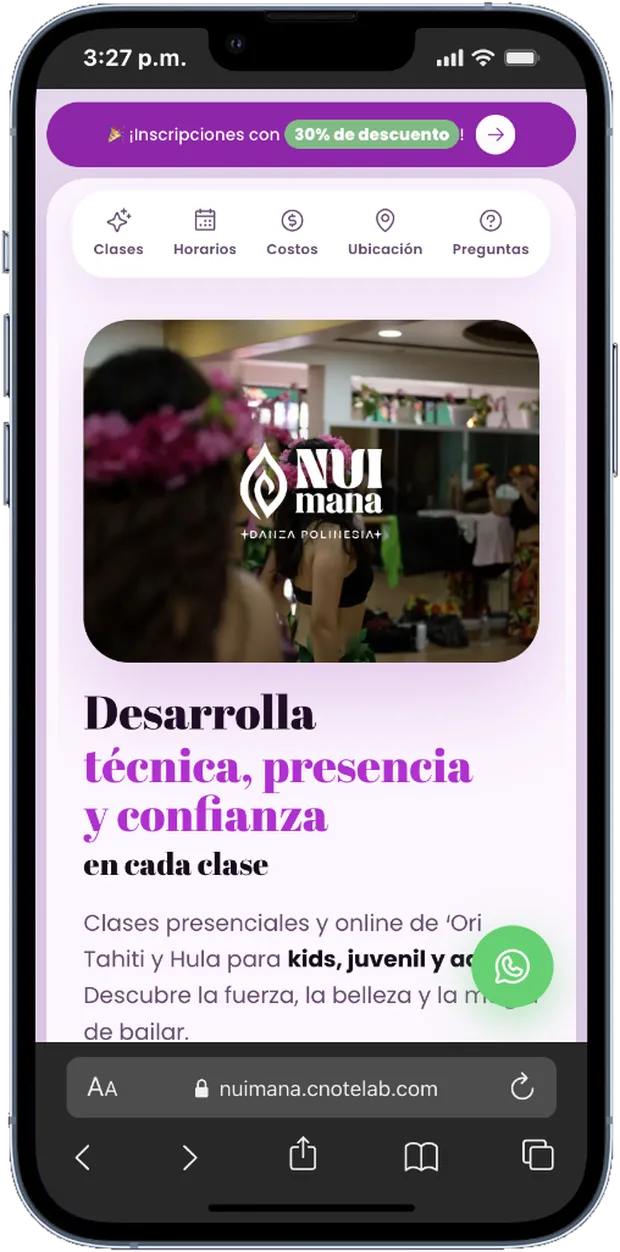 Sitio de Nuimana Danza Polinesia visto en un teléfono