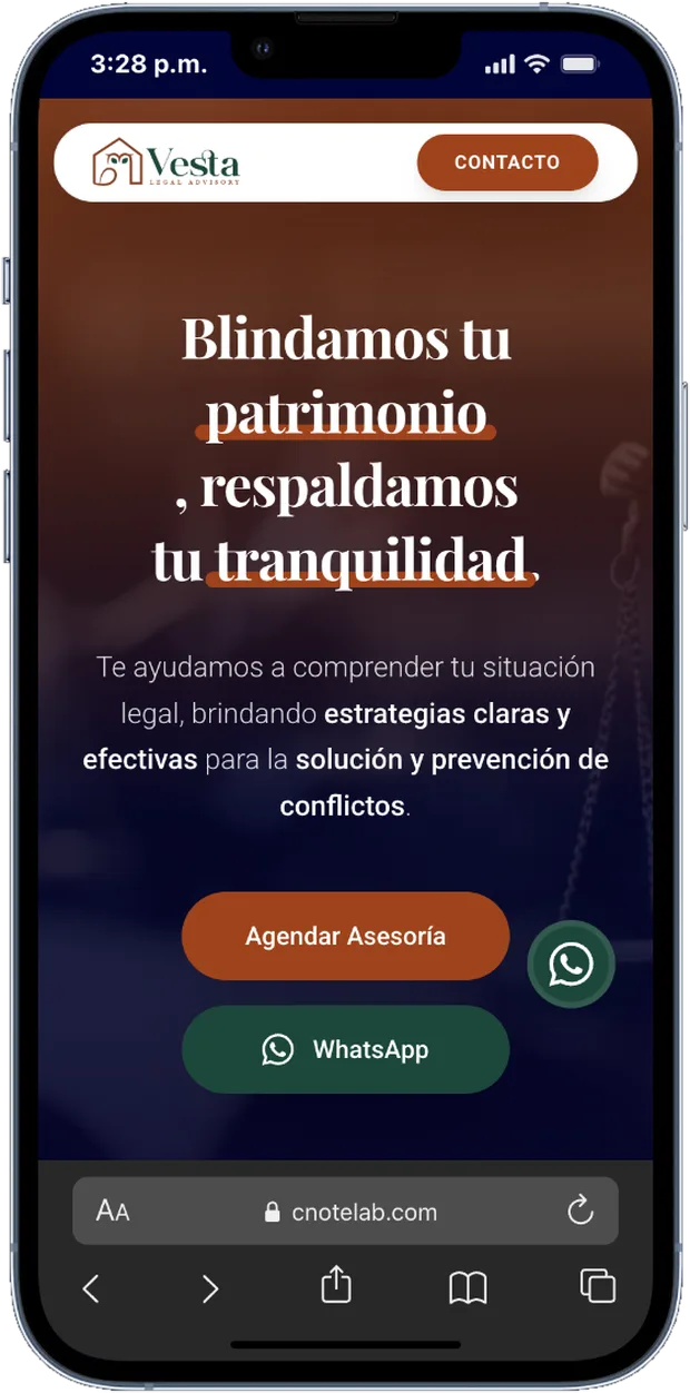 Sitio de Vesta Legal Advisory visto en un teléfono