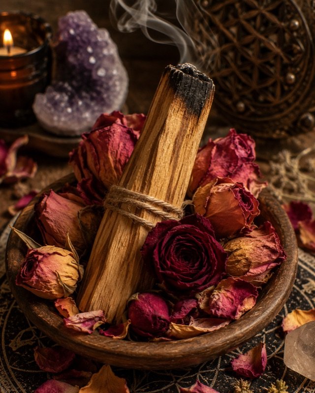 Palo santo con pétalos de rosas